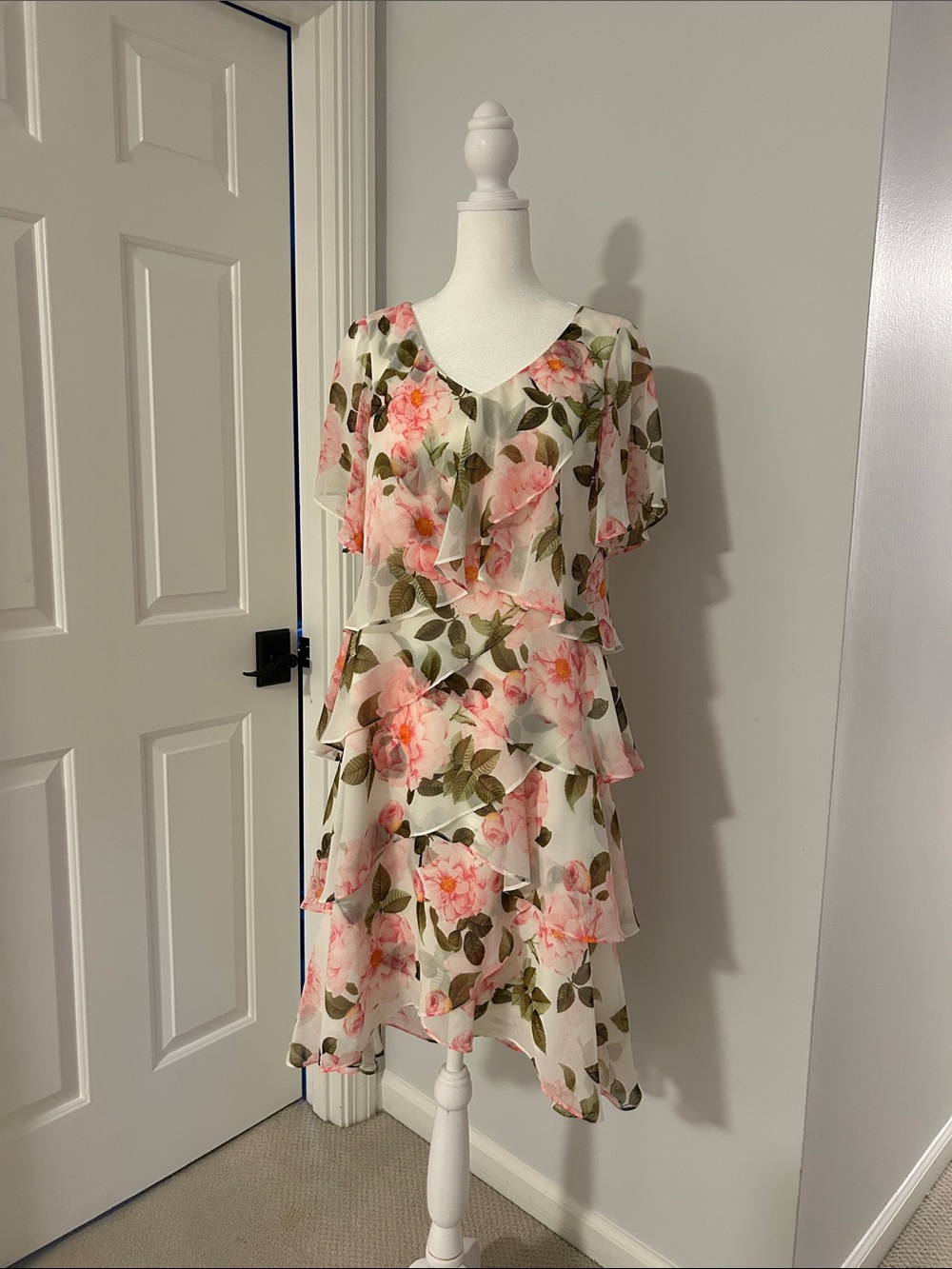 SLNY Cream Midi Dress with Pink Floral Print